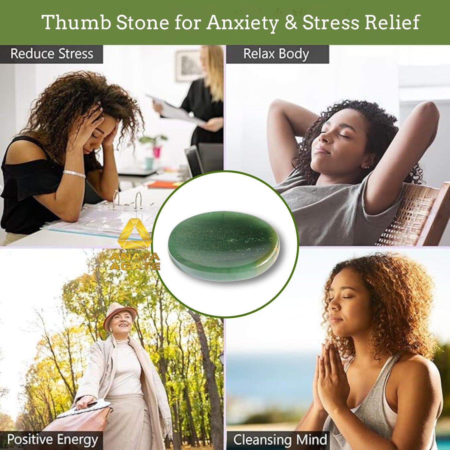Anaya Agate Green Jade Worry Stone – Certified Crystal Thumb Stone for Anxiety & Stress Relief – Healing Crystal for Meditation, Reiki, Positive Energy & Christmas Gift for Men and Women