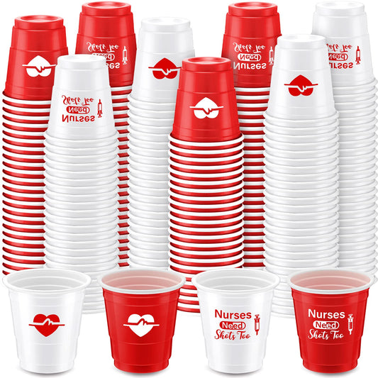 Lounsweer 100 Pcs Nurses Need Shots Too Mini Plastic Shot Glasses Nurse's Day 2 oz Small Plastic Cups Disposable Shot Cups for Nurse Birthday School Graduation Party Favors, Red, White
