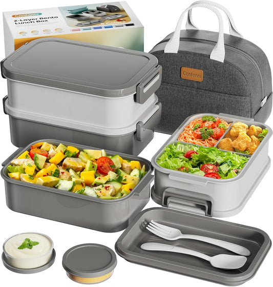 Skiennix Bento Box - Insulated Lunch Bag, 74oz Capacity, 3 Stackable, Leak-Proof, BPA-Free, Microwave Safe | Dusk Gray