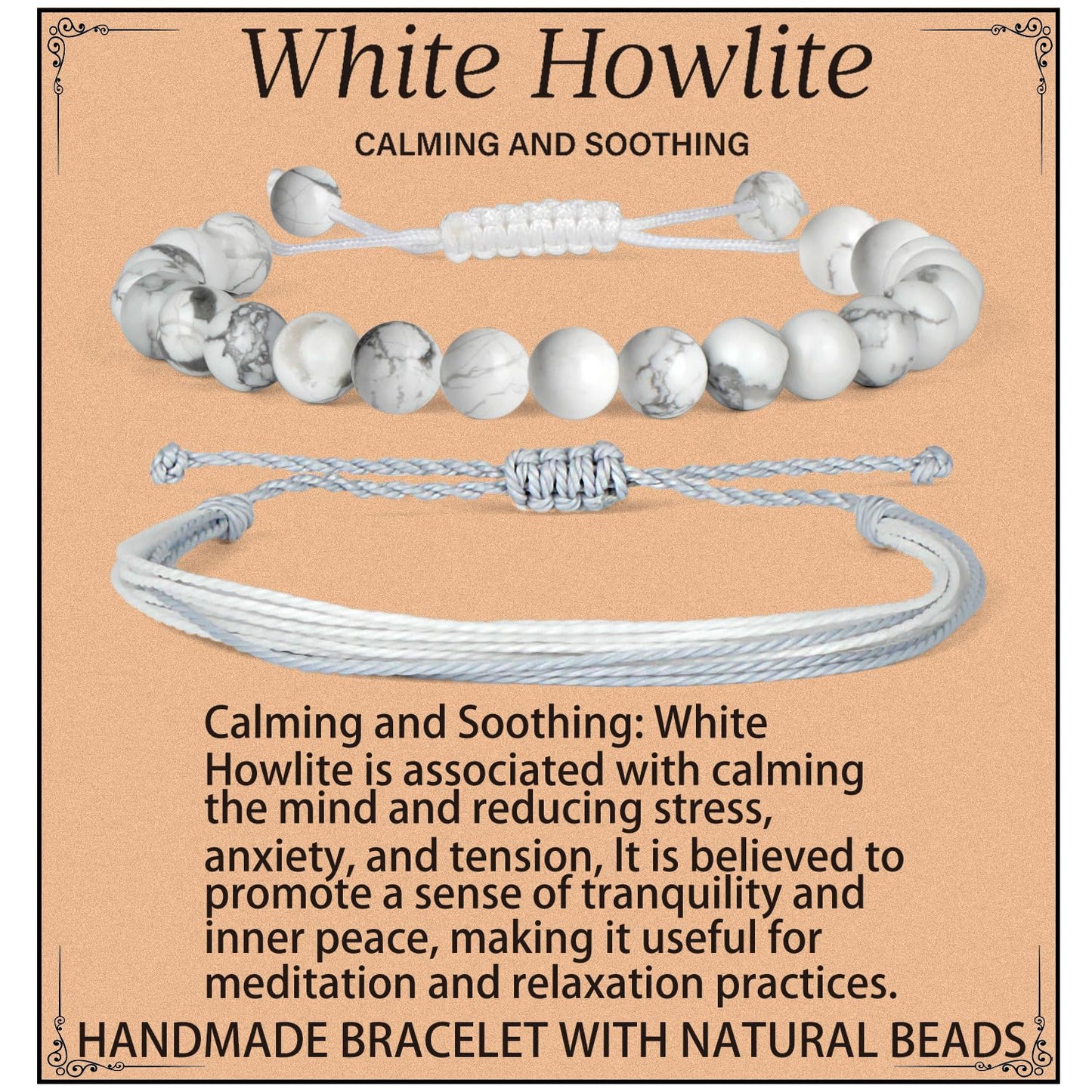 LPBeads 8mm White Howlite Bracelet with Handmade Rope Bracelet Size Adjustable Natural Stone Crystal Healing Bracelets Gifts for Unisex Adults