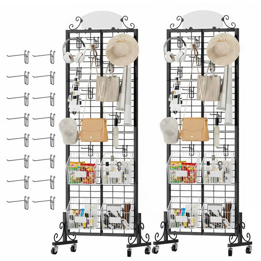 Urban Deco 2 Packs Grid Wall Panel Display Stand, 2.2' x 6.2' FT Gridwall Panel with Extra 16 Hooks, Craft Show Display Rack Black Metal Grids Standing Wire Rack for Retail Merchandise
