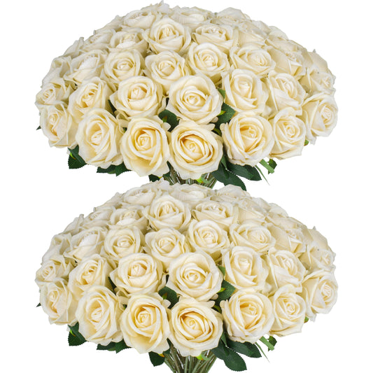 Jefuzh 50 PCS Fake Champagne Roses, Artificial Flowers Bulk Realistic Silk Faux Rose with Stems for Wedding Decorations, Bridal Bouquets, Mother's Day Thanksgiving DIY Floral and Home Decor