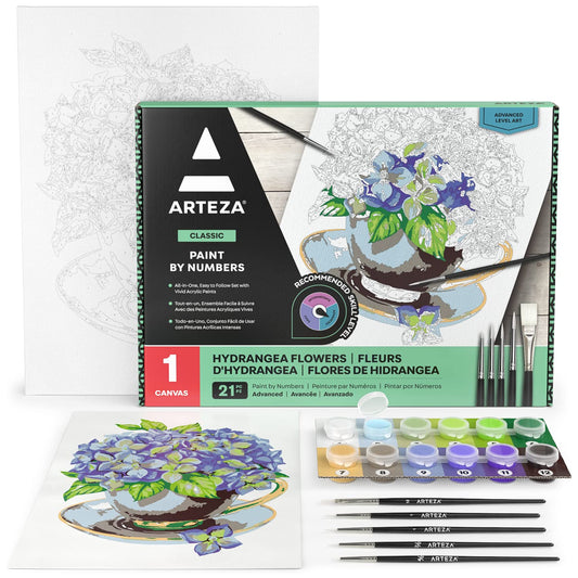 ARTEZA Paint by Number for Adults, 12x16 Inches, 21 Pieces, Hydrangea Flowers Paint by Numbers Kit, 1 Canvas Panel, 12 Acrylic Paint Pots, 5 Paintbrushes, Art Supplies for Home & Office Decor