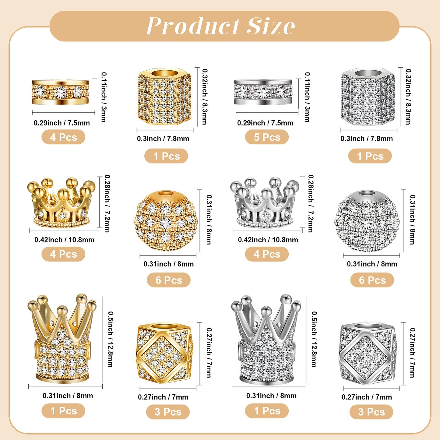 40 Pieces King Crown Charms 8mm Round Rhinestone Beads Hexagon Big Hole Spacer Beads Bracelet Connector for DIY Xmas Jewelry Crafts Making (Multicolor with White Zircon)