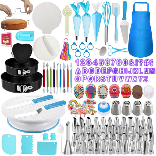 Makmeng 722pcs Cake Decorating Kit - Baking Supplies with Springform Pans, Cake Rotating Turntable, Icing Piping Bags and frosting Tips Set - Cake Decorating Tools for Beginners