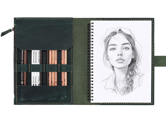 Fasjosma Leather Sketchbook Cover for A5/5.5"x8.5" sketch pads - Handmade Genuine Leather Artist Case with Pencil Holder & Zipper Pocket, Professional Drawing Supplies(Green, 5.5"x8.5")