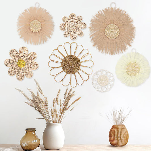 Chunful 7 Pcs Boho Wall Basket Decor Rattan Flower Wall Decor Nursery Daisy Flower Woven Macrame Hanging Flowers for Baby Kids Girls Farmhouse Bedrooms Living Rooms Kitchen Home(Light Beige Yellow)