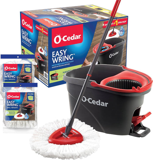 O-Cedar EasyWring Microfiber Spin Mop - Efficient Floor Cleaning System with 2 Extra Refills | Red/Gray