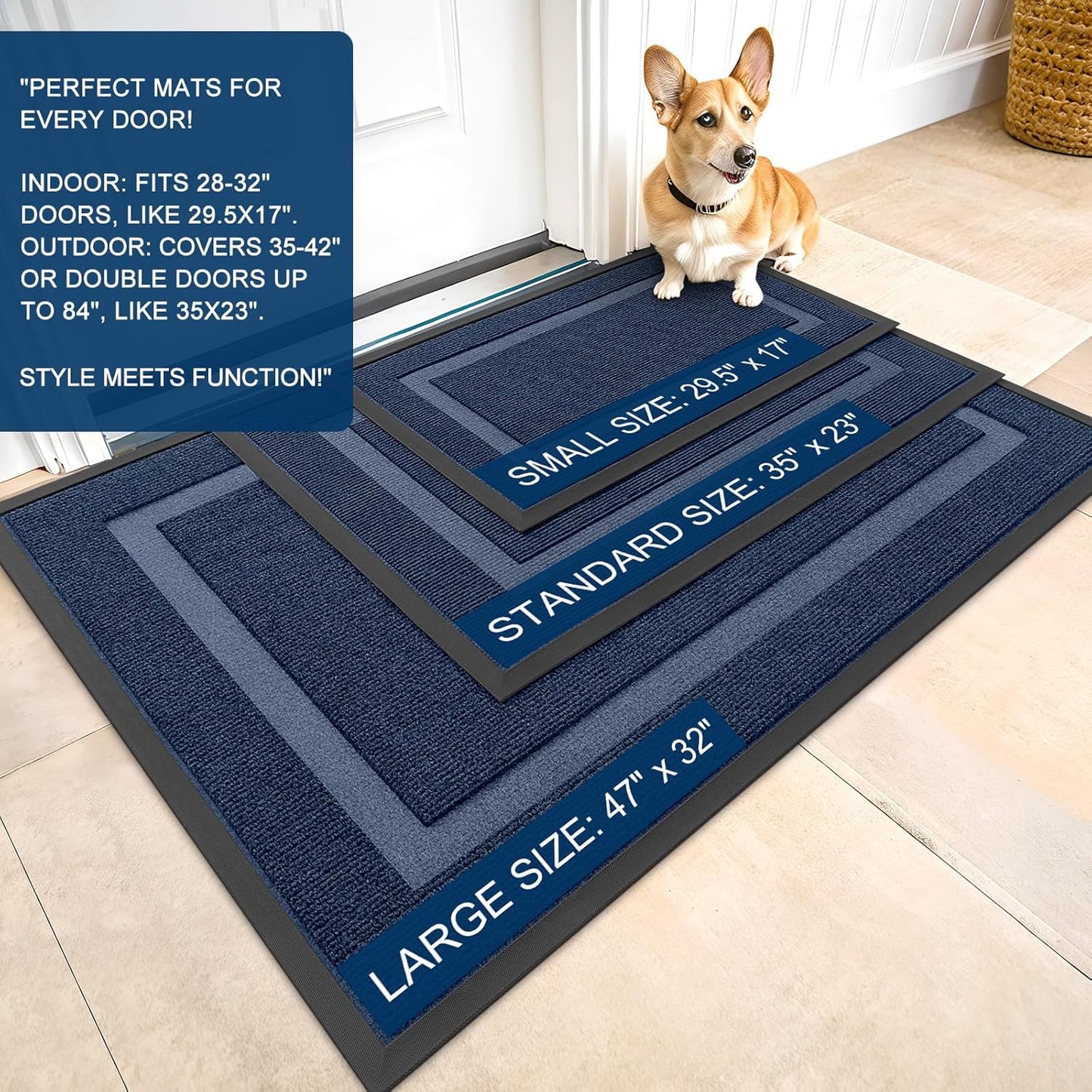 OLANLY Indoor Outdoor Front Door Mat - Waterproof, All-Weather, Easy Clean - 59x35, Blue