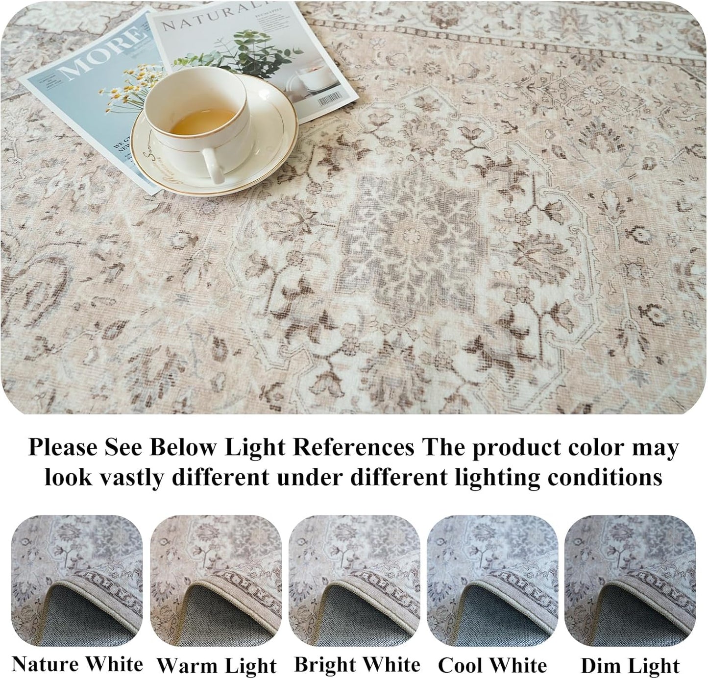 Skiennix Washable 2x4 Entryway Area Rug - Vintage Water-Resistant, Non-Slip, Ultra Soft Beige Mat