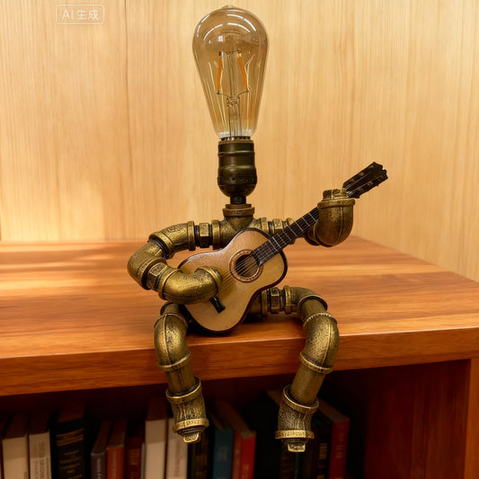 WIBOTA Pipe-Man Guitar-Playing Steampunk Lamp with Edison Bulb, Vintage Industrial Decor Table/Desk Lamp, Unique Handmade Gift for Music Lovers (American Style)