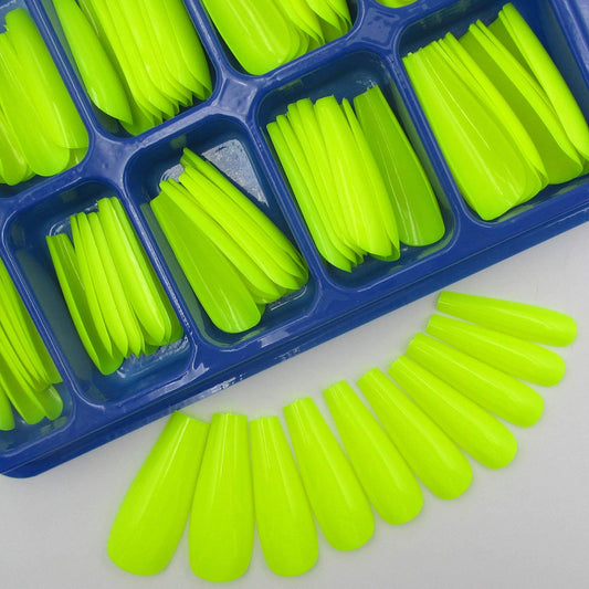 100pc Colored Long Coffin Press on Nails Artificial Acrylic Tips Ballerina Shape Fake Nails Neon Yellow Manicure Fingernails DIY Decor for Women Girls (Lime YeLlow)