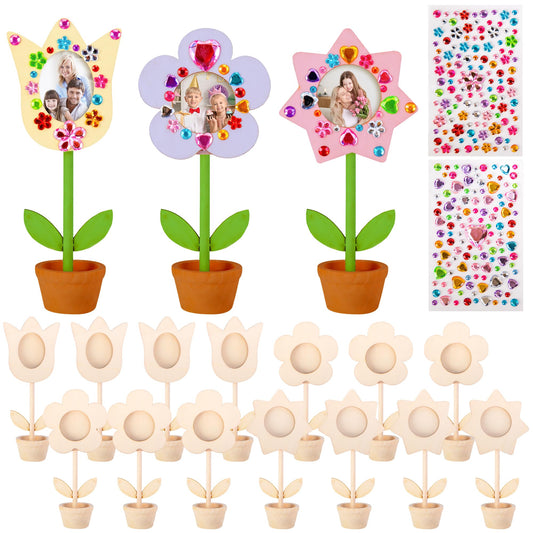 14 Sets DIY Paintable Wood Flowers Photo Holders, Mother's Day Crafts Wooden Flower Picture Frames, Spring Flower Pot Unfinished Wood Ornament with Gems Stickers for Painting Mothers Day Birthday Gift