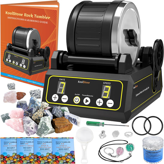KoolStone C1 Rock Tumbler Kit - Large 2.5LB Rotary Rock Tumbler for Adults & Hobbyists, Quiet Rubber Barrel, Adjustable Timer & Speed, Complete Gem Polishing Kit with Memory Function