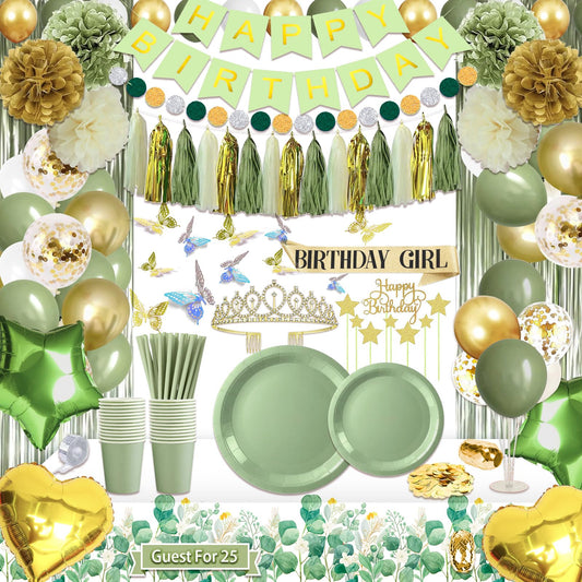 Guudmua 222 Pcs Sage Green Happy Birthday Decorations, Birthday Decorations for Women or Girl Kit- Disposable Dinnerware Set with 25 Guest, Balloons, Sash, Tiara, Banner, Paper Pom Poms