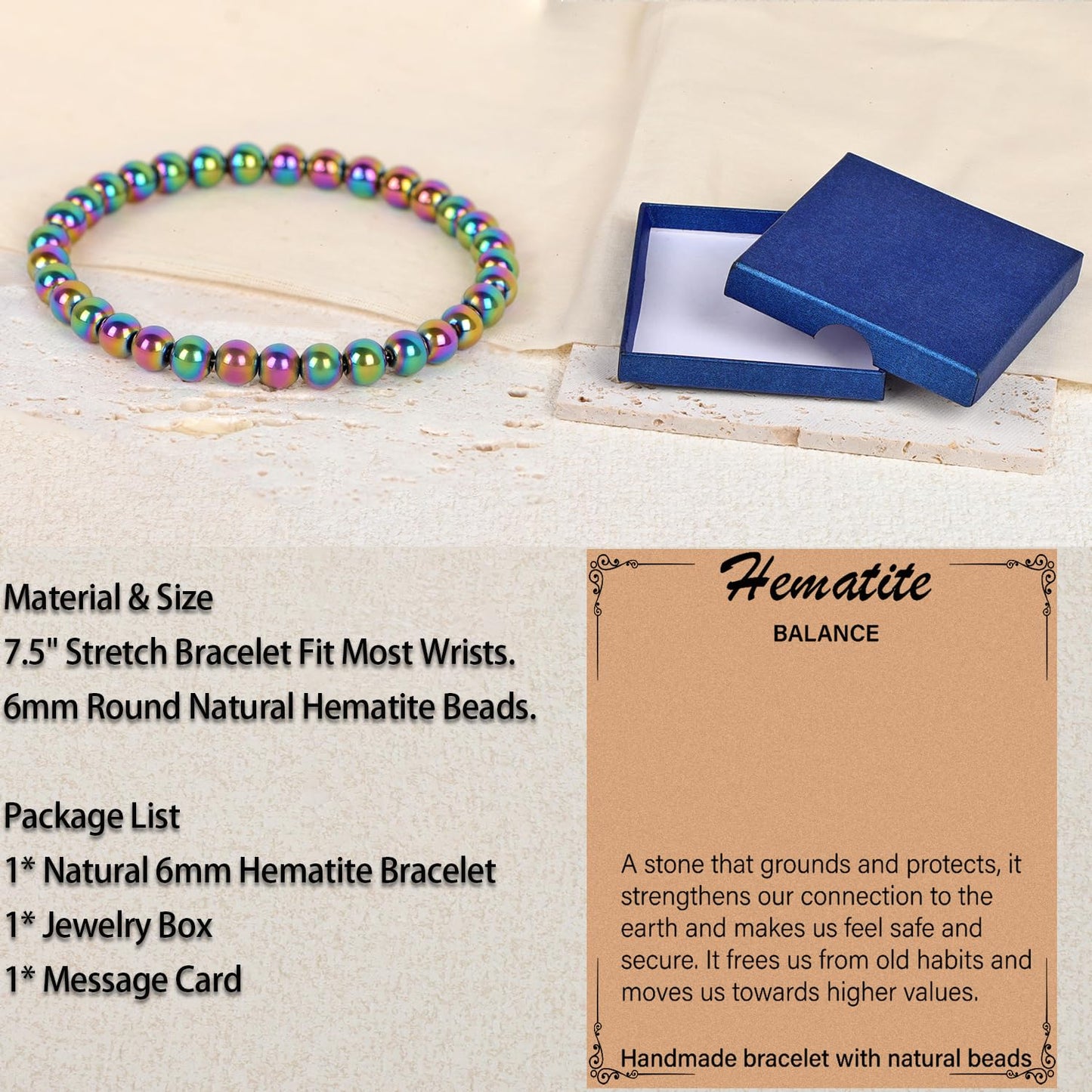 LPBeads Handmade Natural Gemstone Stretch Elastic 6mm Rainbow Coated Hematite Bracelet Healing Crystal Round Stone Beads Jewelry Gifts for Women Men