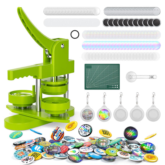 Button Maker Machine 2.25''(58mm), Pin Maker Button Press Machine W/100 Holographic Film Pinbacks,10 Fridge Magnet, 5 Keychain Sleeve, Create Fan Pins for Cosplay, Anime Meetups, Kpop