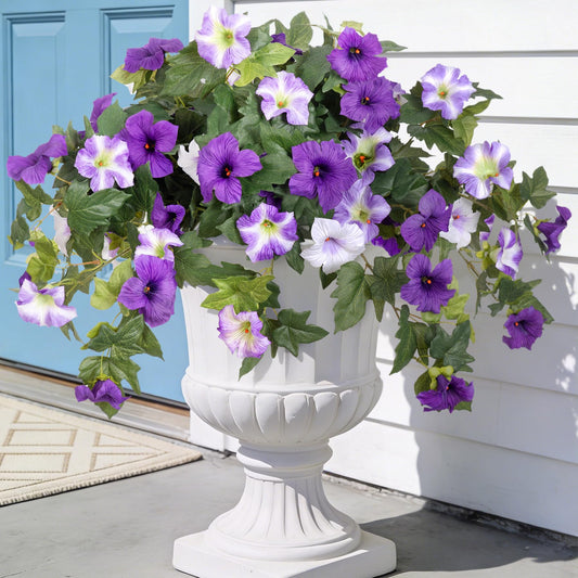 Ammyoo Artificial Fake Flowers Plants for Outdoor Decoration, 2PCS Faux Petunias Silk Flower UV Resistant No Fade for Home Outside Garden Balcony Yard Porch Realistic Indoor Decor (Purple White)