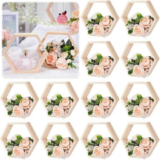 Barydat 12 Pcs 8 Inch Hexagon Shelves Wedding Table Decorations Hexagon Wood Centerpiece Geometric Terrarium Decorative Honeycomb Floating Storage Shelf for Home Office Room (Wood Color)