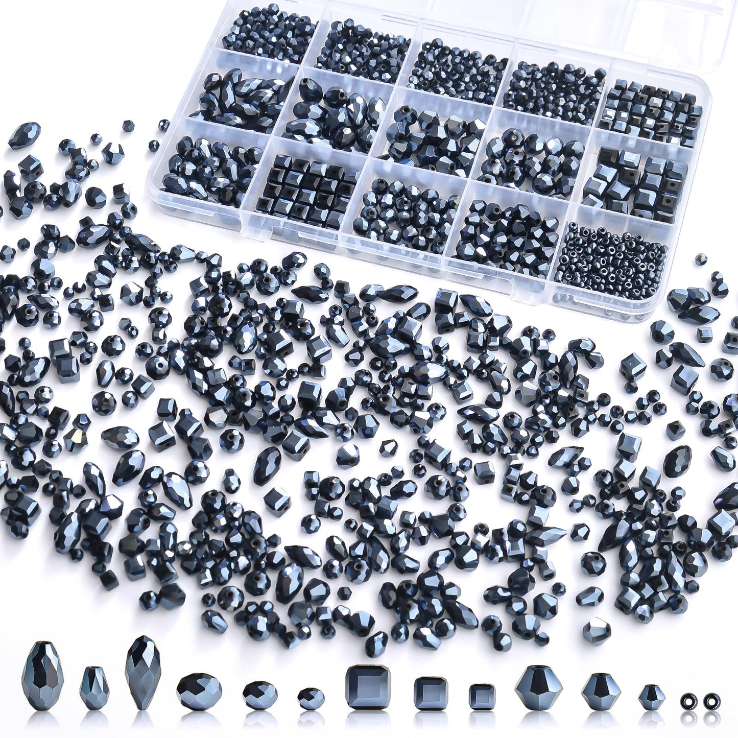 Laopottbeads 1500 Pcs Crystal Glass Beads for Jewelry Making – 12 Styles Bicone, Rondelle, Cube, Teardrop & 3mm Spacer Beads, DIY Bracelet Necklace Earring Craft Kit with Organizer Box(Vavy Blue)