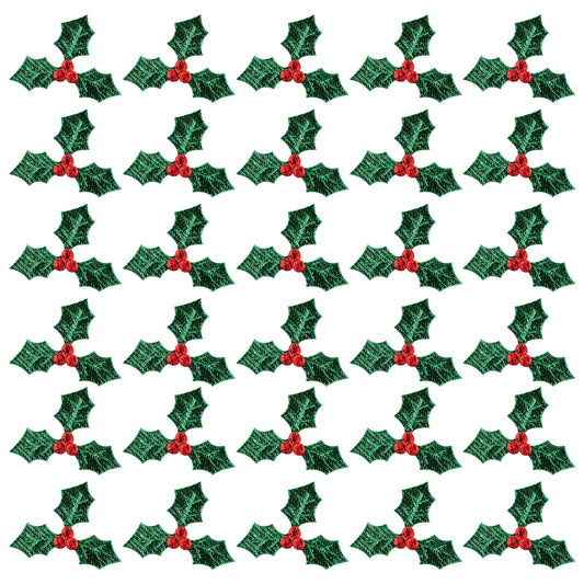 AOKWAWALIY 100pcs Christmas Leaves Decoration Triple Leaf Holly Berries Embellishments Christmas Applique Patches DIY Crafts for Holiday Christmas Wreath Arrangement Tag Card Making（3cm）
