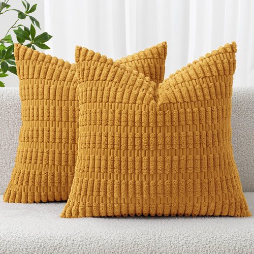 MIULEE Corduroy Throw Pillow Covers - Soft Boho Striped Design | 16x16 Inch, Gold Yellow for Modern Home Decor