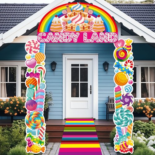 4Pcs Sweet Candyland Party Decorations Candy Door Covers Candyland Hanging Banner Backdrop Candy Land Store Porch Sign Colorful Runner Rug Background Photo Prop for Baby Shower Birthday Party Supplies