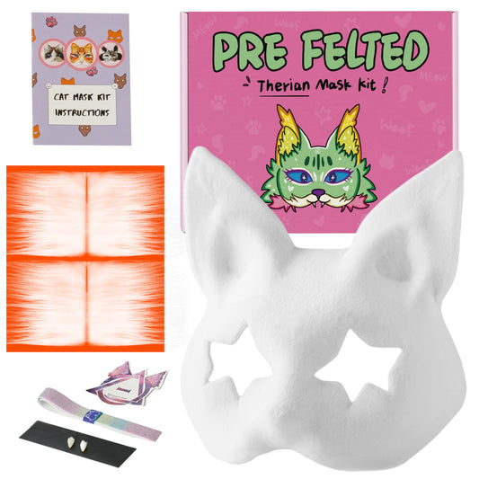 KemonoX Therian Cat Mask Kit with Star Eyes - White Fleeced Cat Mask Base with Faux Fur, Eye Mesh and Cat Like Fuzzy Fabric - Felted for You, Skip the Messy Work