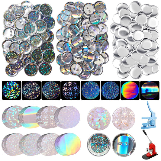 Humyoun 200 Sets 2.25 Inch 58mm Button Maker Supplies for Pin Maker Machine Kit Including 200 Holographic Sparkling Films, 100 Laser Back 100 Starry Back and 200 Shell for Button Press