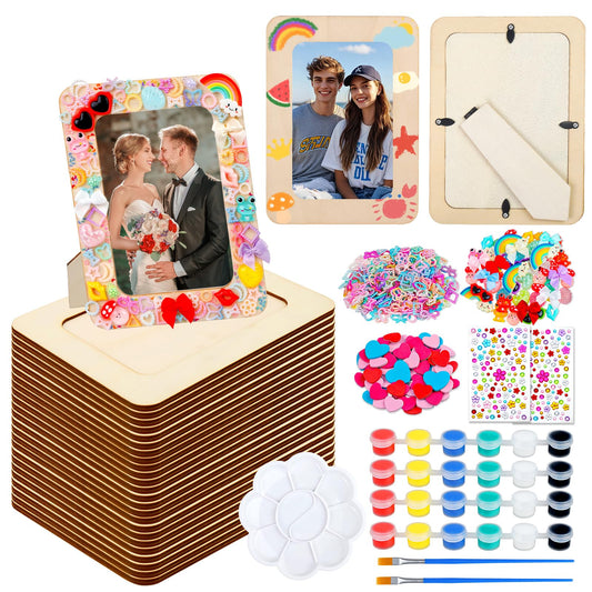Picture Frame Painting Craft Kit,24 Pack Unfinished Wooden Picture Frames 4 x 6 Inch with Pearl Resin Diamond and Foam Stickers for DIY Paint and Decorate Craft Birthday Wedding Gifts