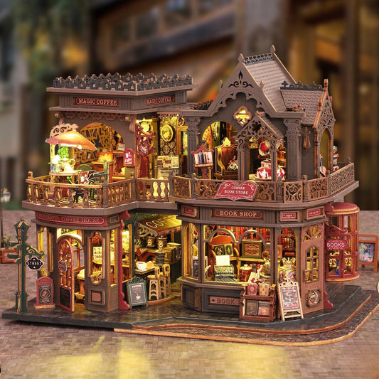 Merrifete Letter Coffee DIY Miniature House Kit with LED Light - Assembled Dollhouse Kit for Shelf Decor - Wood 3D Puzzles Tiny House Book Nook - Creative Gift for Adults at Birthday Christmas