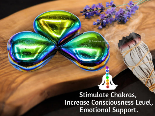 Amazing Gemstone Titanium Aura Quartz Crystal Heart Palm Stone - Pocket Massage Worry Stone for Natural Body Chakra Balancing, Reiki Healing and Crystal Grid