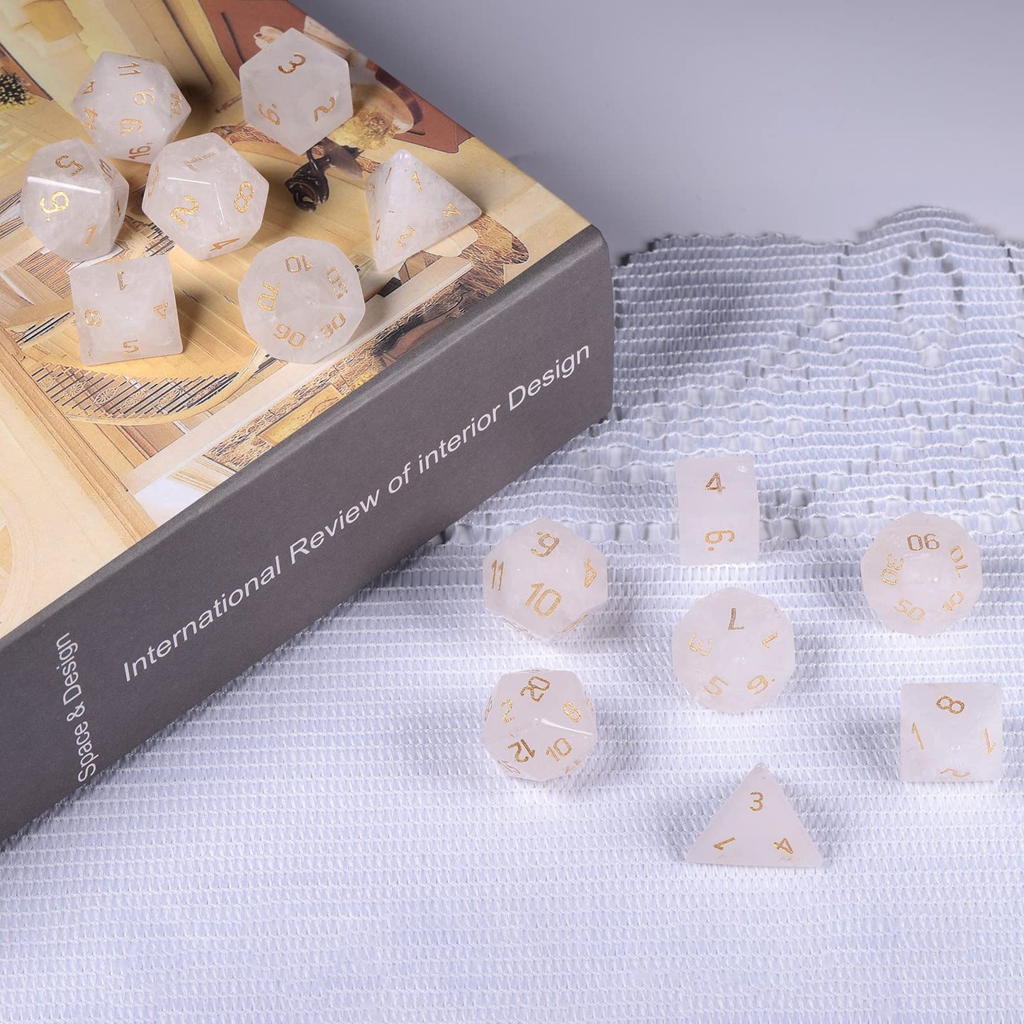 mookaitedecor 7 PCS Rock Quartz Crystal Polyhedral DND Dice Set, Polished Tumbled Stones Dices for RPG MTG Table Games Home Decoration