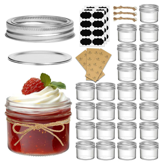 ComSaf Small Regular Mouth Mason Jars Bulk 4oz 24PCS Mini Mason Containers, Small Canning Jars, 4 oz Glass Jar with Lids for Mustards, Dipping Sauces, Jelly, DIY Candle Decor, Wedding Shower Favors