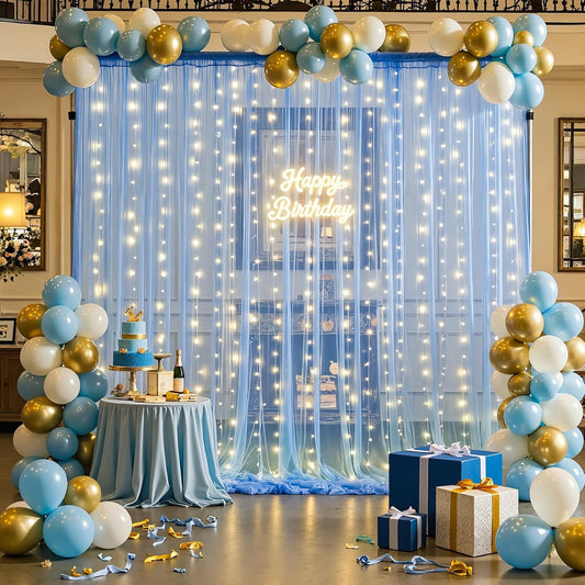 1015ft 2 515ft Baby Blue Sheer Tulle Backdrop Curtains with Lights String for Parties Baby Shower Decorations for Boy