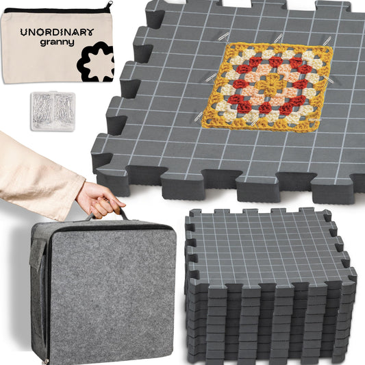 Unordinary Granny Crochet Blocking Board Set – 9 Extra Thick Interlocking Mats with Grid, 150 T-Pins, Felt Storage Bag and Cotton Pouch – Blocking Board for Knitting, Crochet & Other Craft Projects