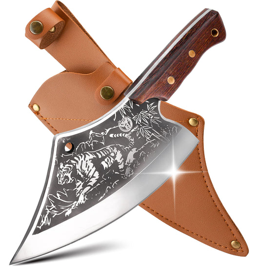 Meat Cutting Cleaver, Japanese Style Viking Kitchen Boning Knives with Sheath, Forged Butcher Deboning curved blade with Tiger Pattern, for Home and Restaurant - Premium Gift