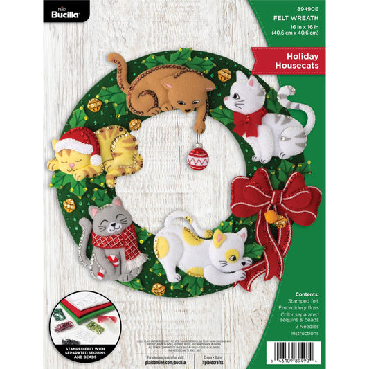 Bucilla Felt Applique Wreath Kit, Holiday Housecats, Perfect for DIY Arts and Crafts, 89490E