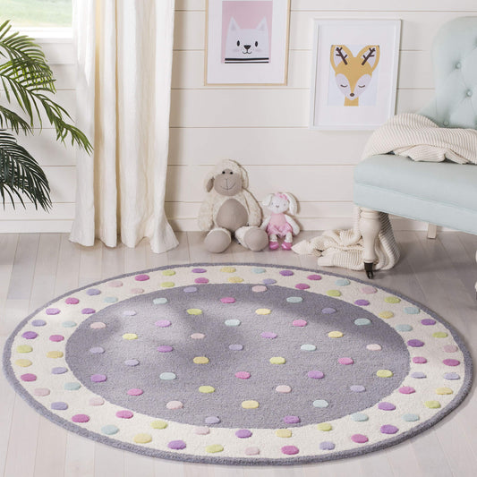 SAFAVIEH Kids Collection Area Rug - 3' Round, Grey & Multi, Handmade Polka Dot Wool, Ideal for High Traffic Areas in Playroom, Nursery, Bedroom (SFK101F)