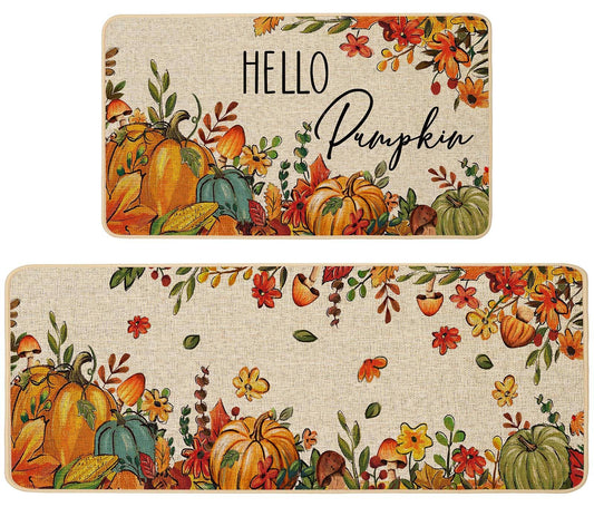 Baccessor Fall Pumpkins Kitchen Rugs Set of 2,Thanksgiving Autumn Pumpkins Floral Leaves Low-Profile Non Slip Absorbent Kitchen Mats for Floor Farmhouse Home Decor 17x29 and 17x47 Inch