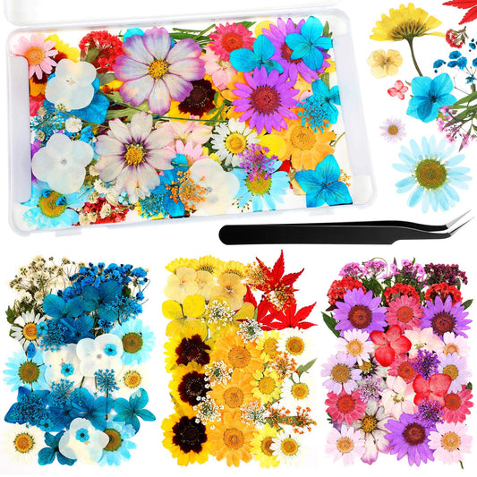 110 Pcs Dried Pressed Flowers for Resin, Real Dry Daisy Flowers and Leaves Bulk with Tweezers and Box Set, Art Crafts Resin Jewelry Making Scrapbook DIY Supplies Card, Soap, Candle Making, Nail Decor