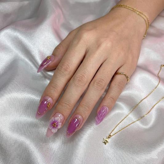 Almond Press on Nails Medium Fake Nails Pink Acrylic Nail Press ons SEENEEY Purple 3D Flowers Gold Charm Designs Cute Beach Stick on Nail for Women 30pcs