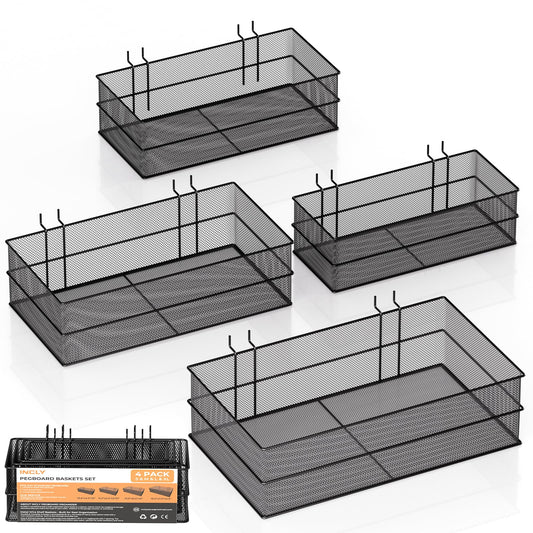 INCLY 4 Pack Upgrade Pegboard Baskets, 4 Sizes Square Style Metal Mesh Pegboard Baskets and Bins, Peg Board Organizer Accessories for Garage Craft Room Office Kitchen