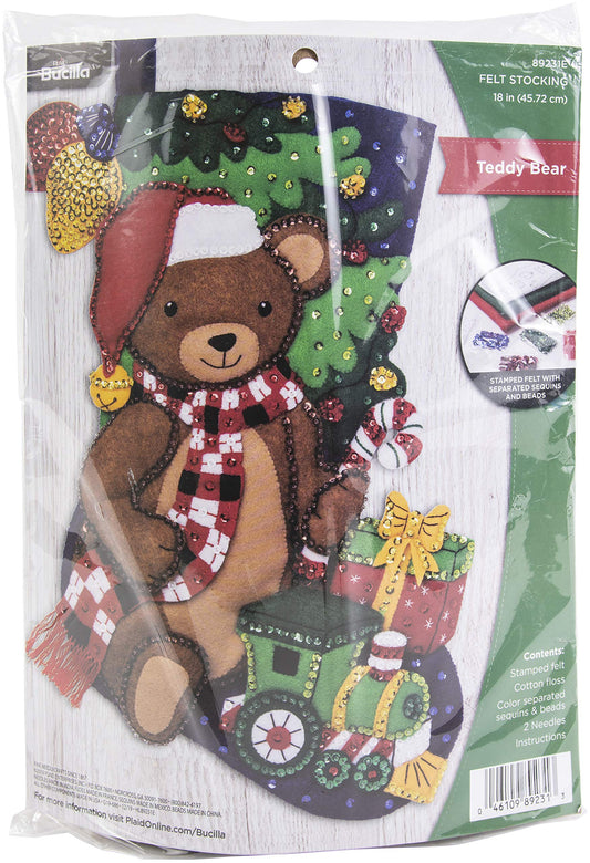 Bucilla 89231E Felt Applique Christmas Stocking Kit, 18", Teddy Bear