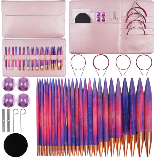 WAZAIGUR Circular Interchangeable Wooden Knitting Needles Set with Case Sizes 3mm, 3.25mm, 3.5mm, 3.75mm, 4mm, 4.5mm, 5mm, 5.5mm, 6mm, 7mm, 8mm, 9mm, 10mm, 13 Pairs, 4 Cables