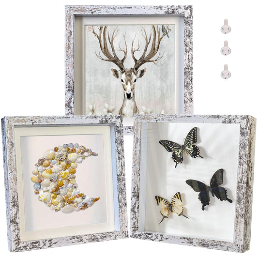 Houstimi Rustic 8x8 Shadow Box Frame White Shadow Box Display Case Made of Solid Wood and Real Glass Internal Depth 0.6 inches for Wall Or Tabletop（3 Pack）