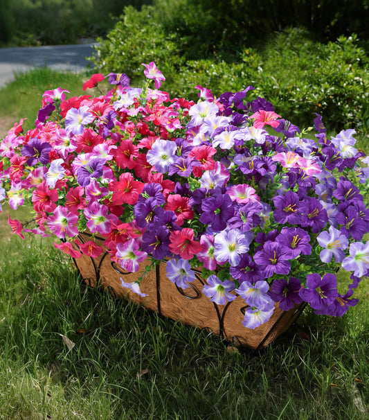 Artificial Flowers for Outdoors Fake Plants Outside Decoration, 20 Bundles Silk Petunia with Eucalyptus UV Resistant Realistic Faux Flowers for Outdoor Planters Garden Balcony Yard Porch Patio, Mix