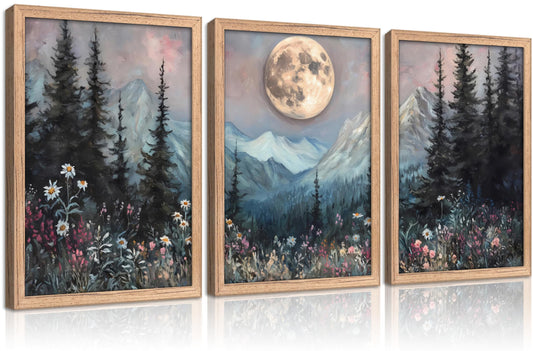 3 Pieces Full Moon Forest Canvas Wall Art Vintage Moonlit Pine Tree Painting Picture Wall Decor Mountains and Wildflowers Woodland Poster Print Artwork for Living Room Bedroom Office Home Decoration