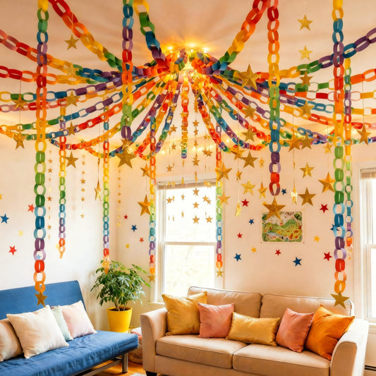 Maitys 700 Sheets Paper Chain Strips and Mirror Star Garland 13 Feet Paper Crafts Banner with Double Sided Tape for Crafting Birthday Wedding Festival Theme Party Decor (Multicolor,1.97 x 8.27 Inches)