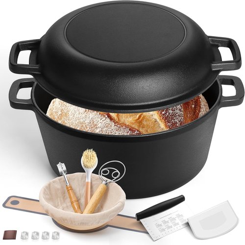 E-far 5QT Dutch Oven - Versatile Cast Iron Pot with Skillet Lid & Sourdough Starter Kit | Ideal for Baking, Frying, BBQ